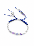 Two tone blue / white macrame bracelet with purple crystals and white pearl