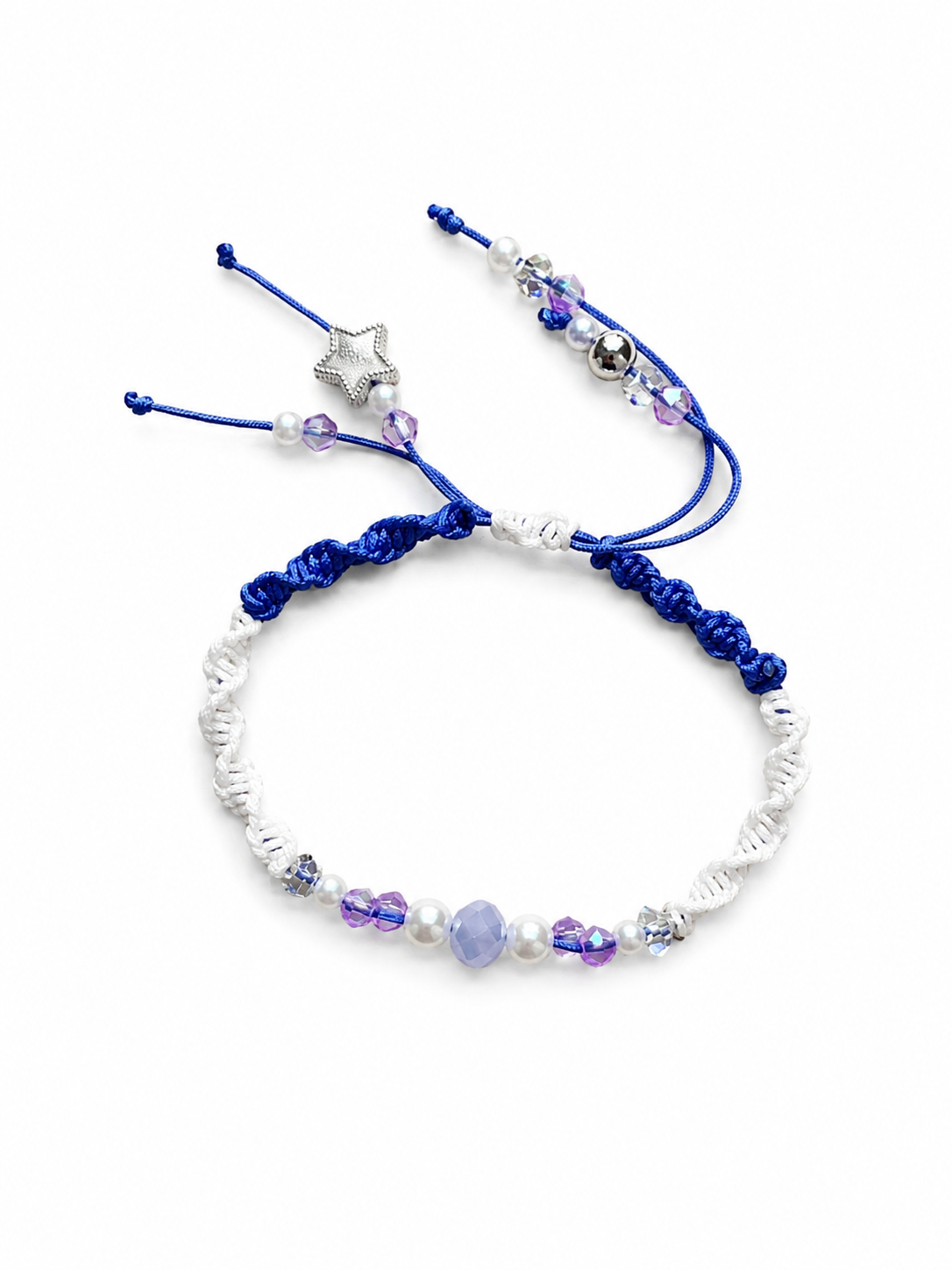 Two tone blue / white macrame bracelet with purple crystals and white pearl