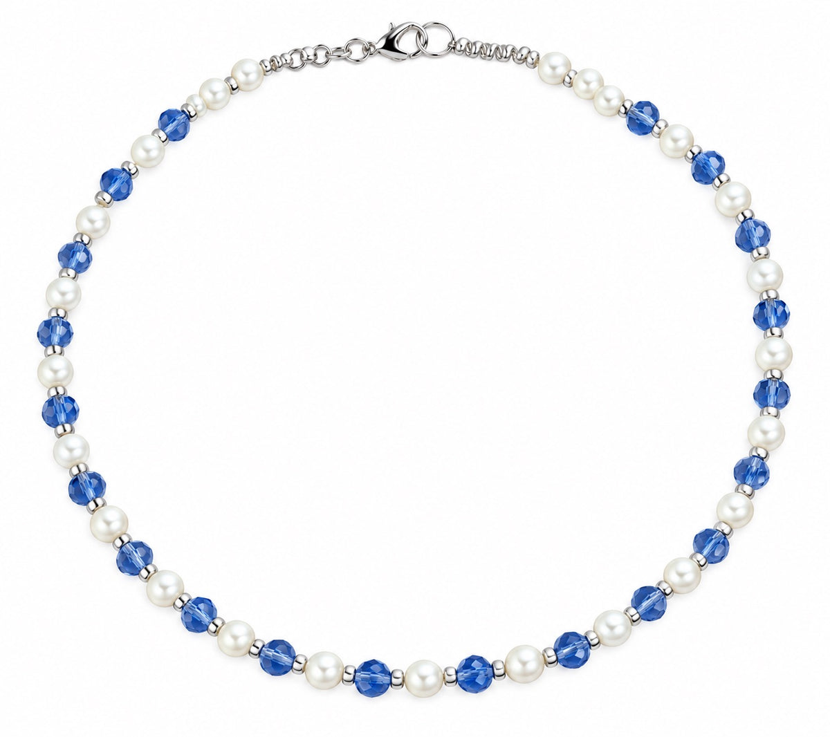 Blue faceted focal beads with  white faux pearls and silver tone 38cm (Copy)