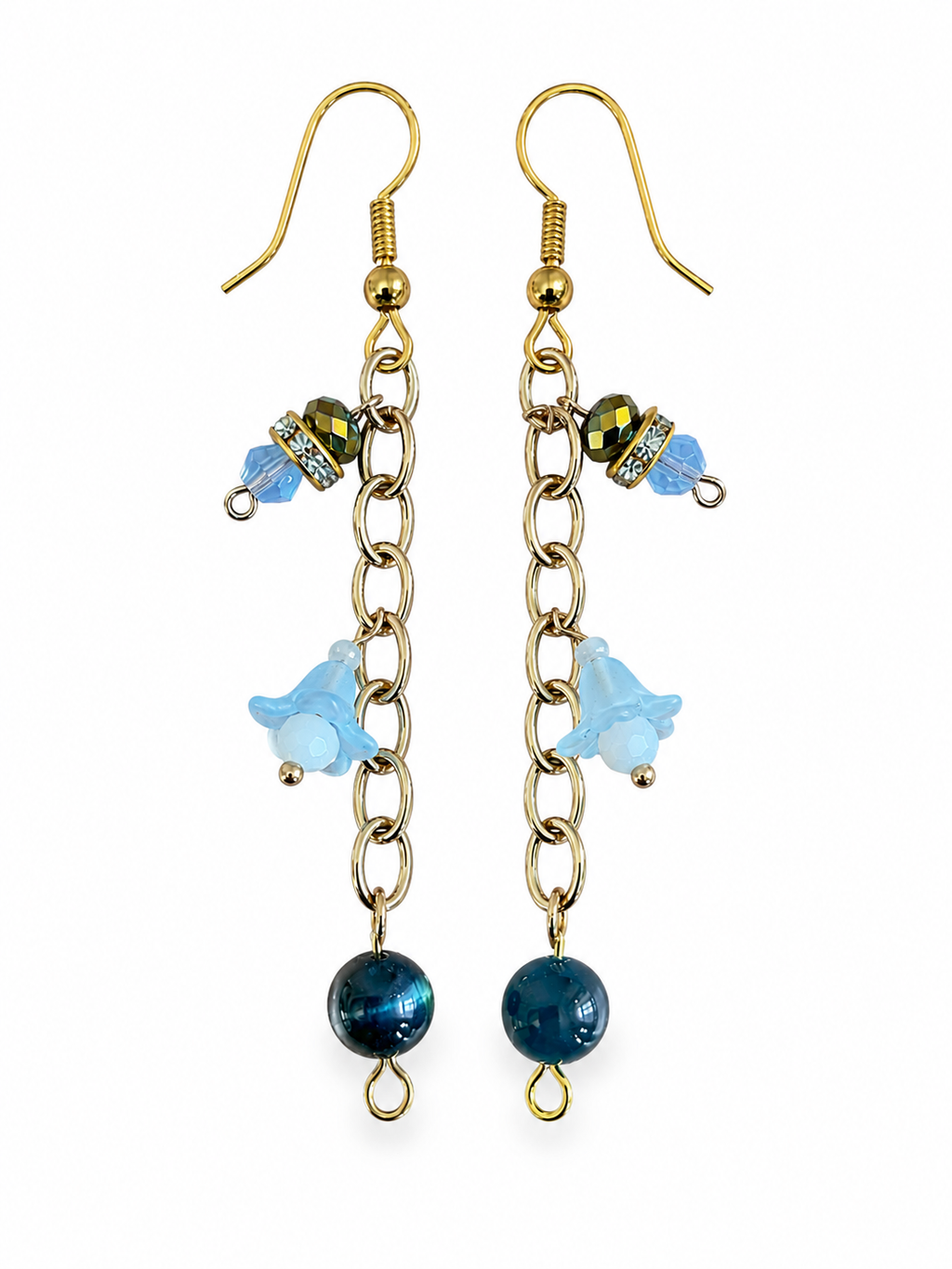 Aqua blue drop earrings on gold tone chain