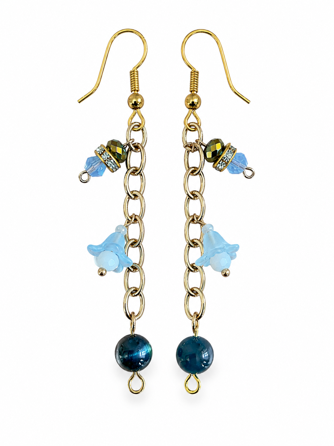 Aqua blue drop earrings on gold tone chain