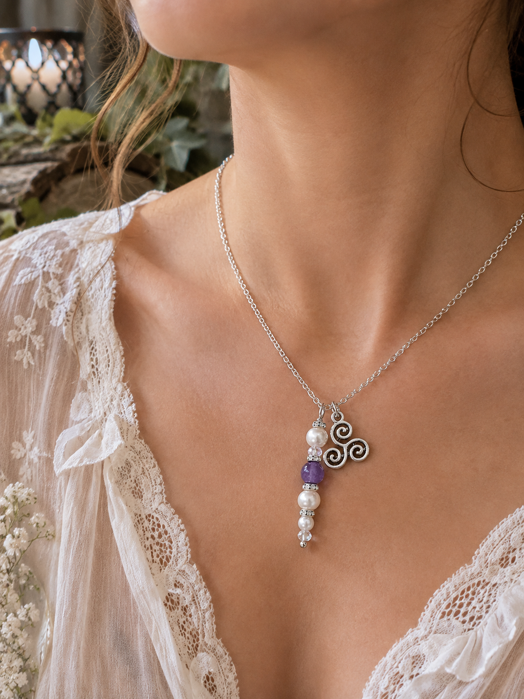 Amethyst pearl with  tresillian charm on silver tone chain