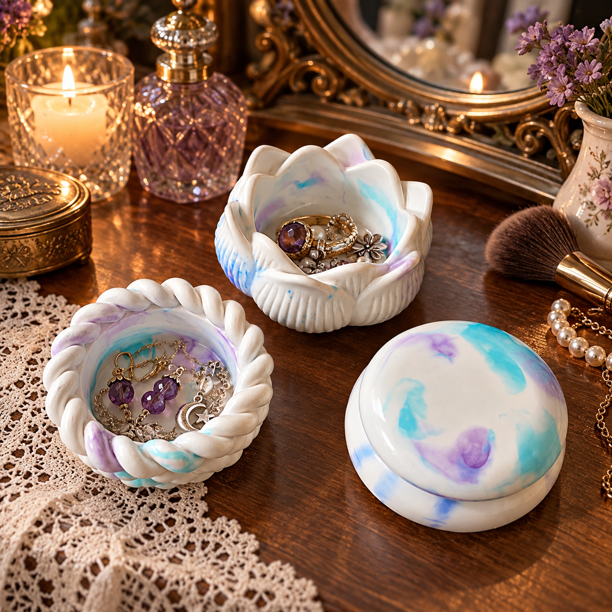 Trinket box, lotus bowl and tea light candle holder marbled white, blue,purple