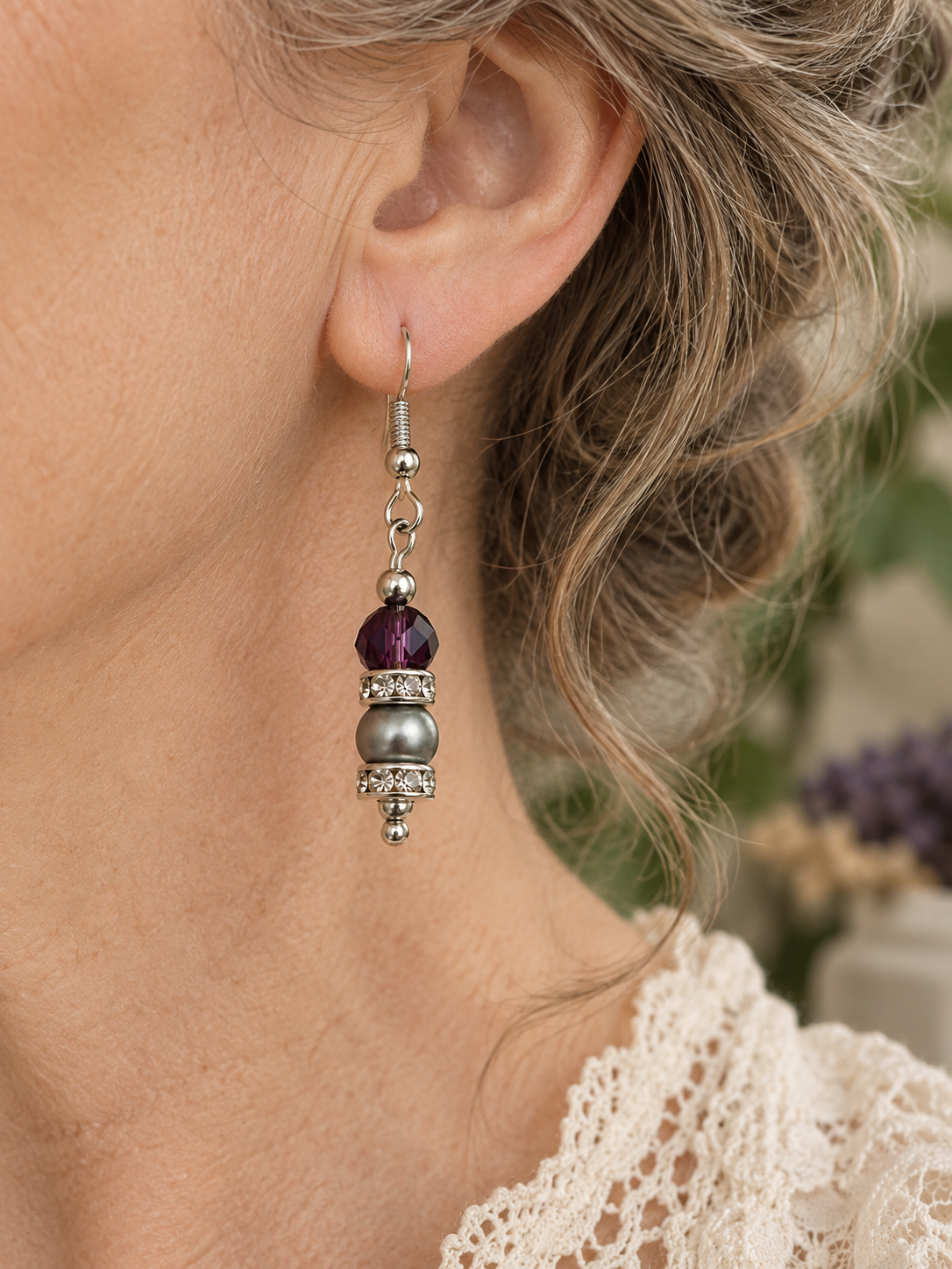 Purple faceted bead drop earrings Silvertone
