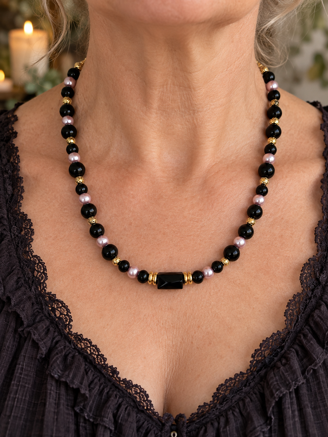 Black and white jewellery set necklace and earrings faux jet