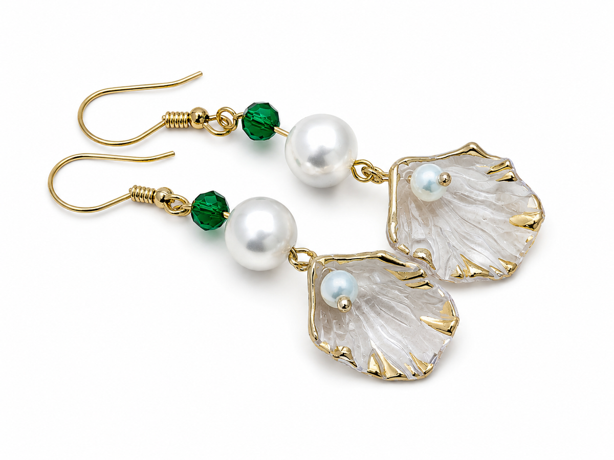 Shell drop earrings with faux pearl and green glass bead