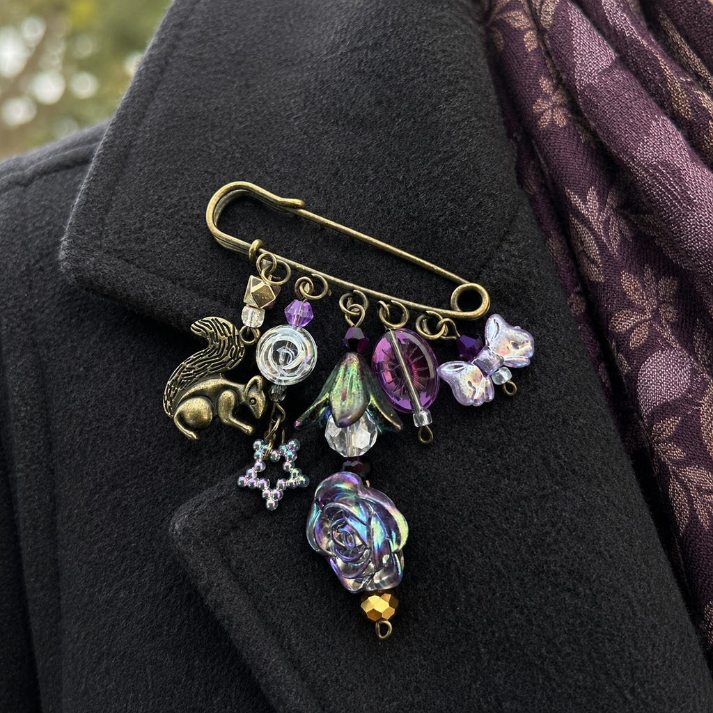 Squirrel brooch (2) clasp, pin, rose, star, bow purple glass beads
