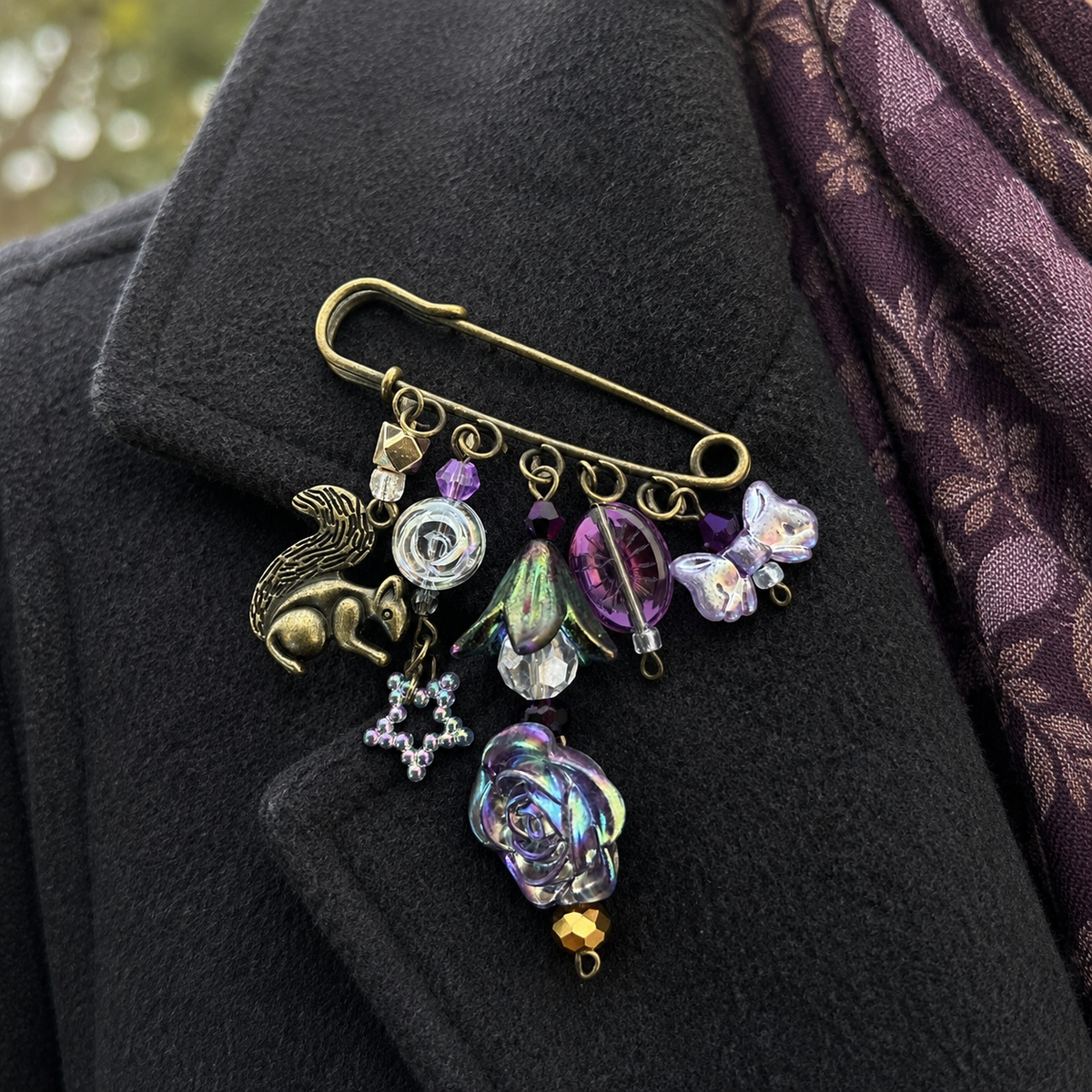 Squirrel brooch (2) clasp, pin, rose, star, bow purple glass beads