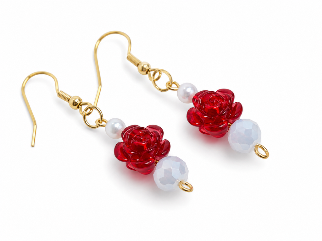 Red rose and pearl acrylic earrings