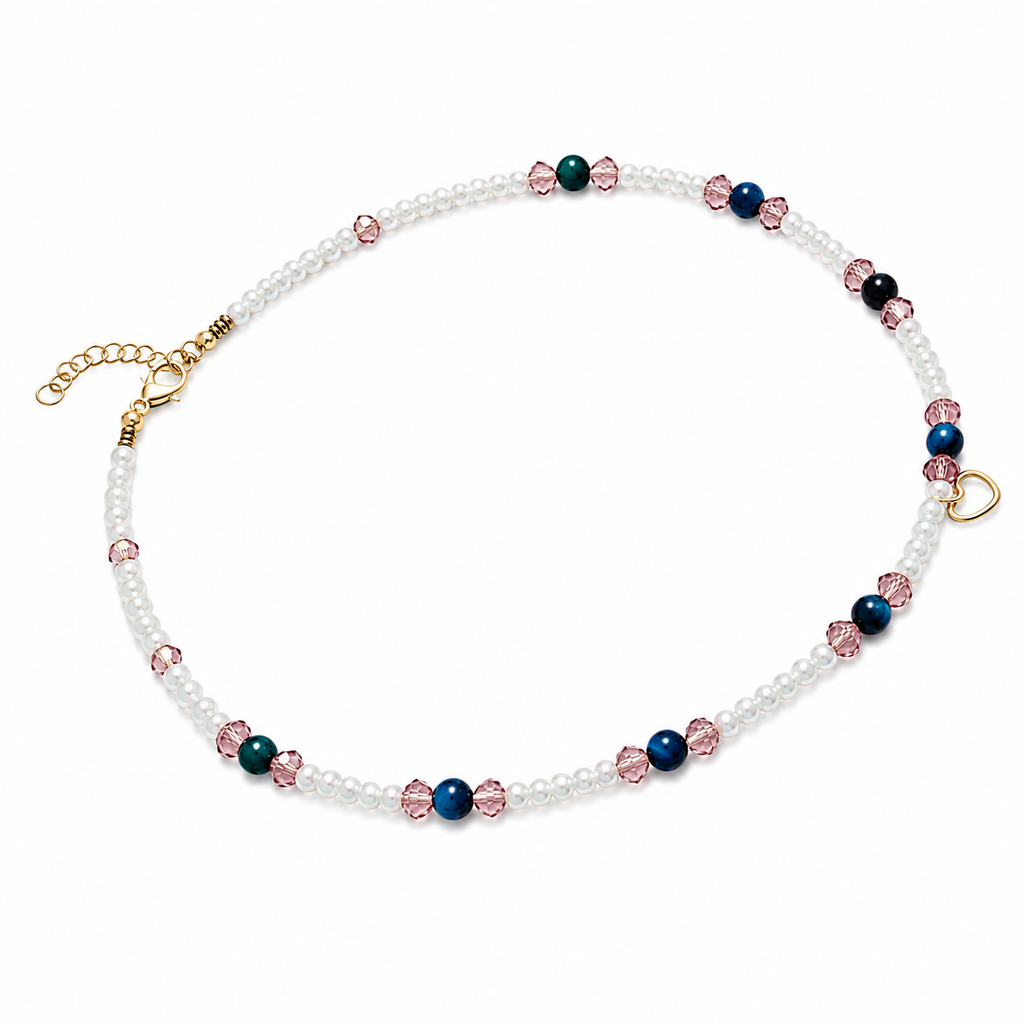 Banded Agate in Teal, Berry pink crystal and pearl Briar Rose necklace gold tone