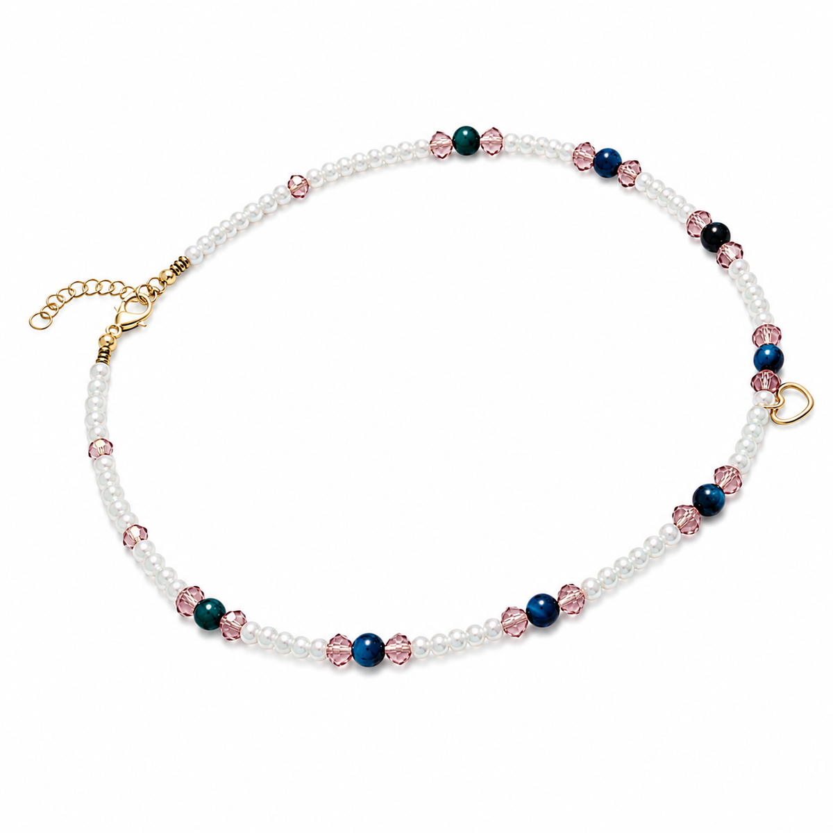 Banded Agate in Teal, Berry pink crystal and pearl Briar Rose necklace gold tone