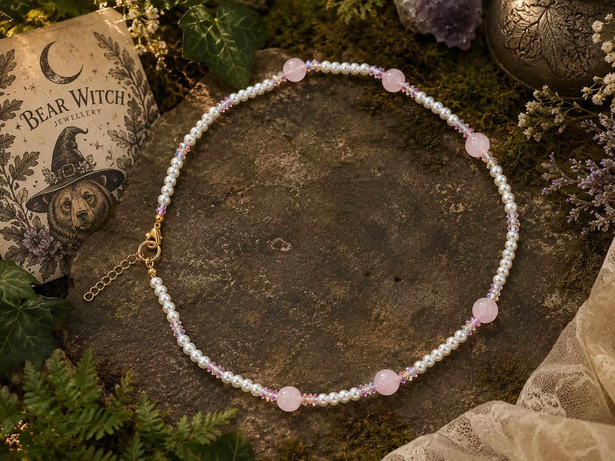 Rose Quartz, pink crystals, faux pearls 46cm +extender