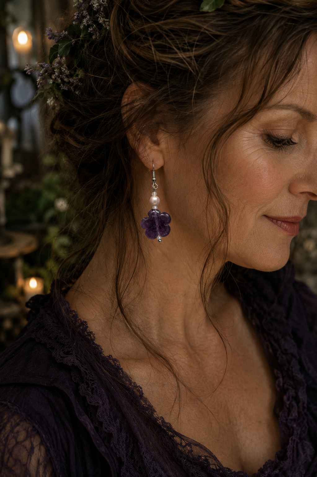 Amethyst flower earrings with a dainty white faux pearl