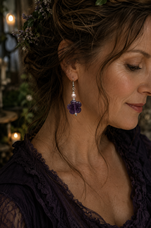 Amethyst flower earrings with a dainty white faux pearl