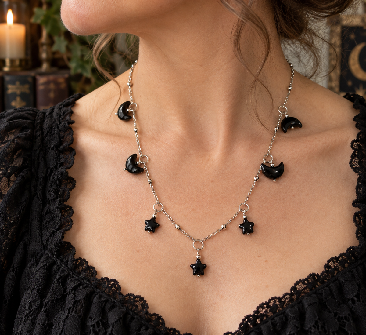 Moon and stars Halloween necklace, resin celestial necklace