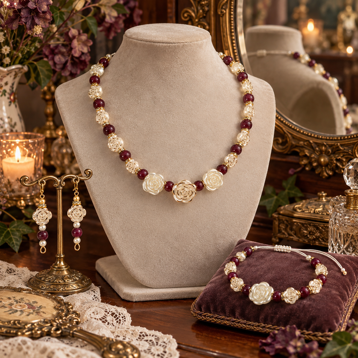 Rose, plum agate jewellery set