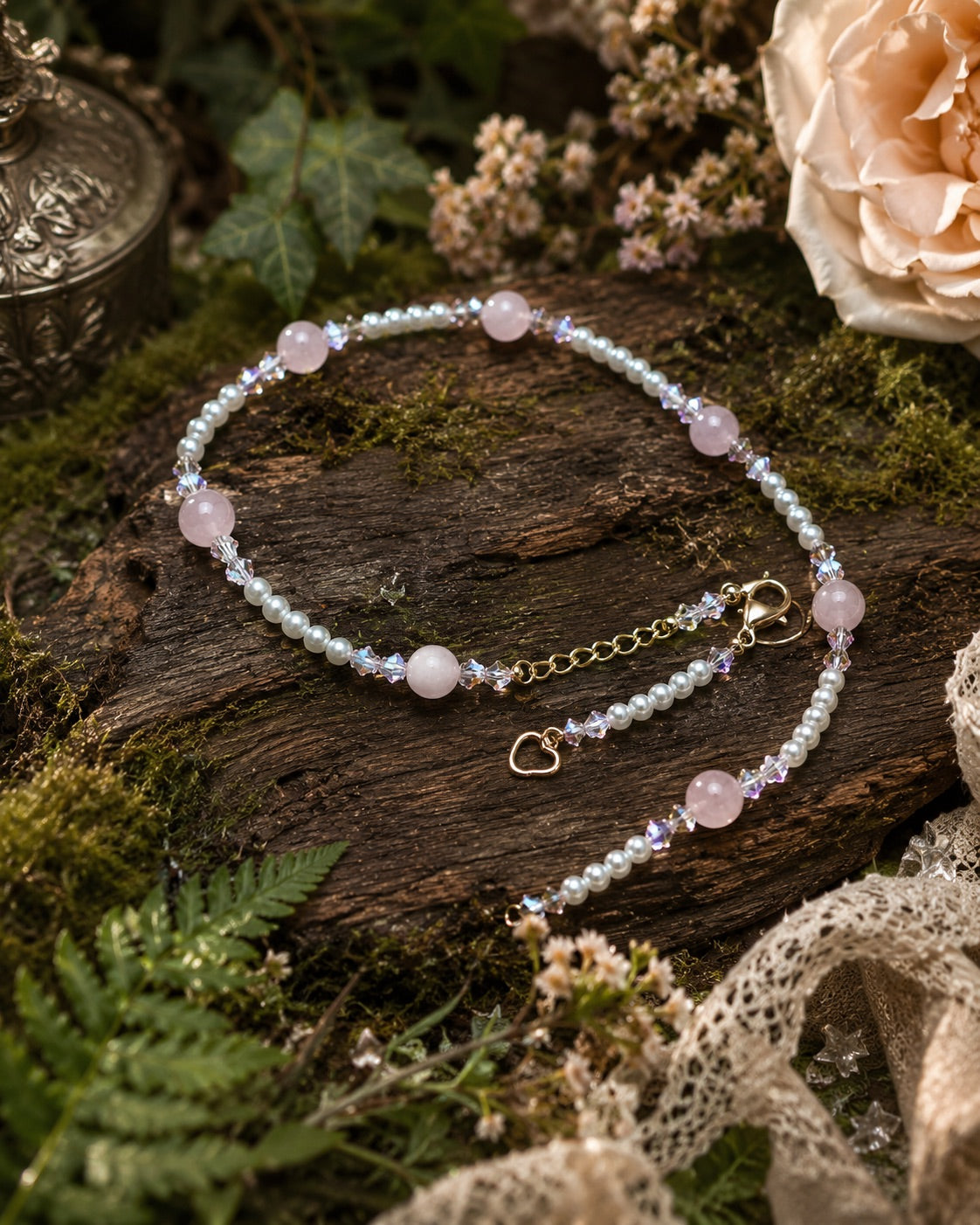 Rose Quartz, pink crystals, faux pearls 46cm +extender