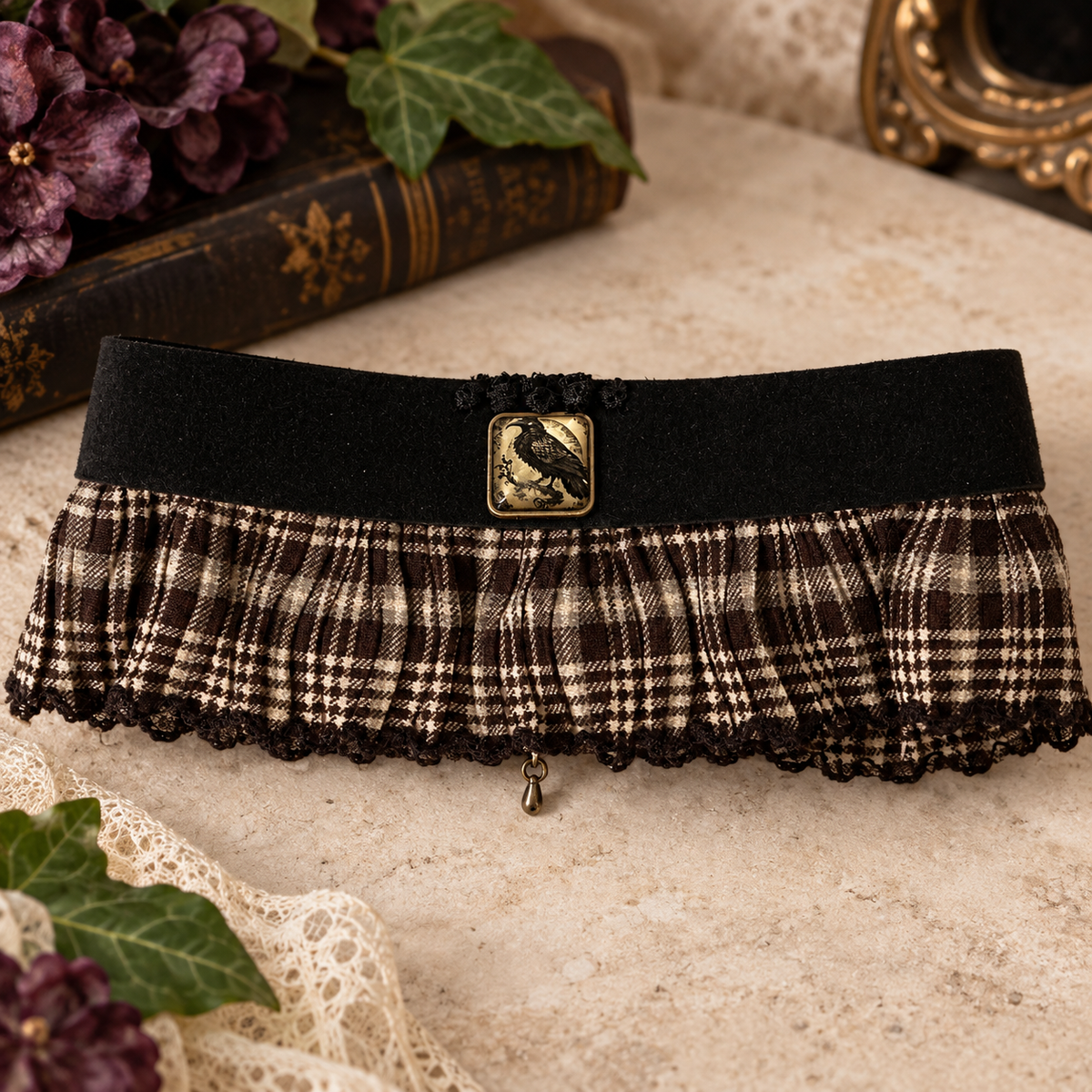 Black velvet choker with tarton and crow pendant