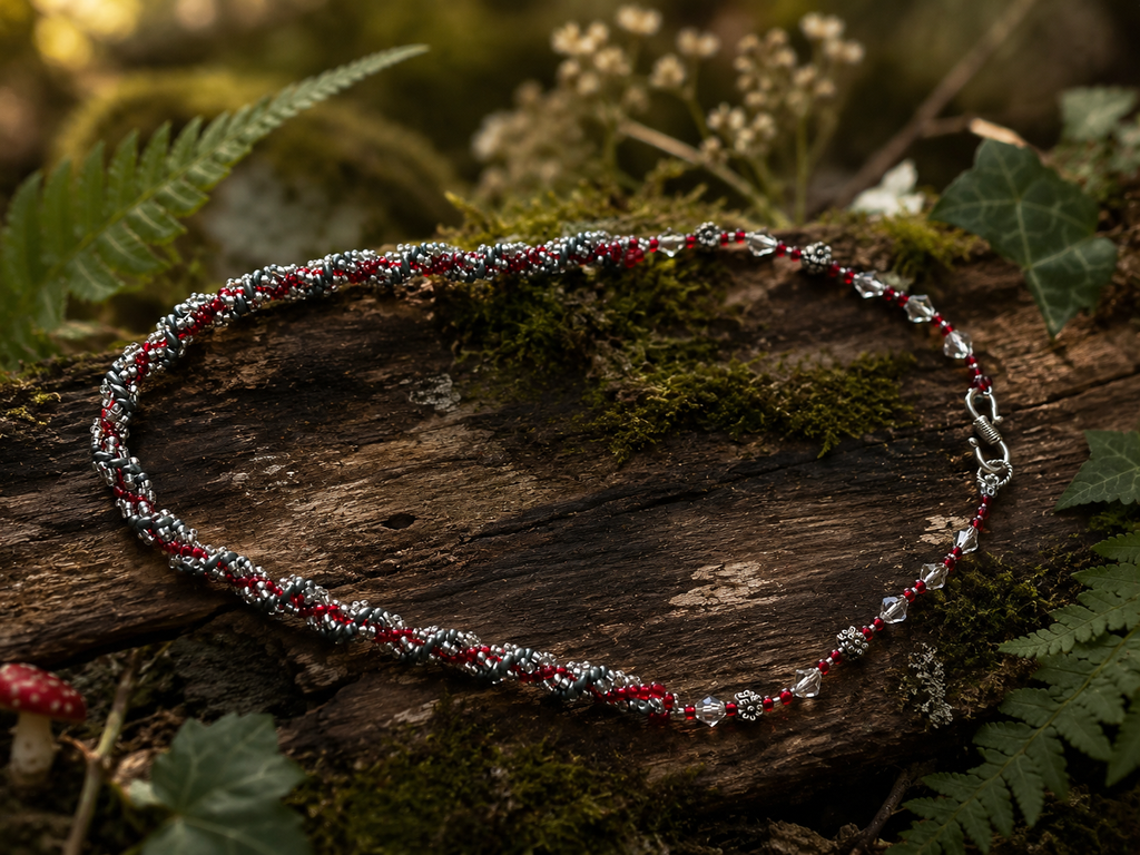 Beaded silver grey and deep red hand beaded necklace
