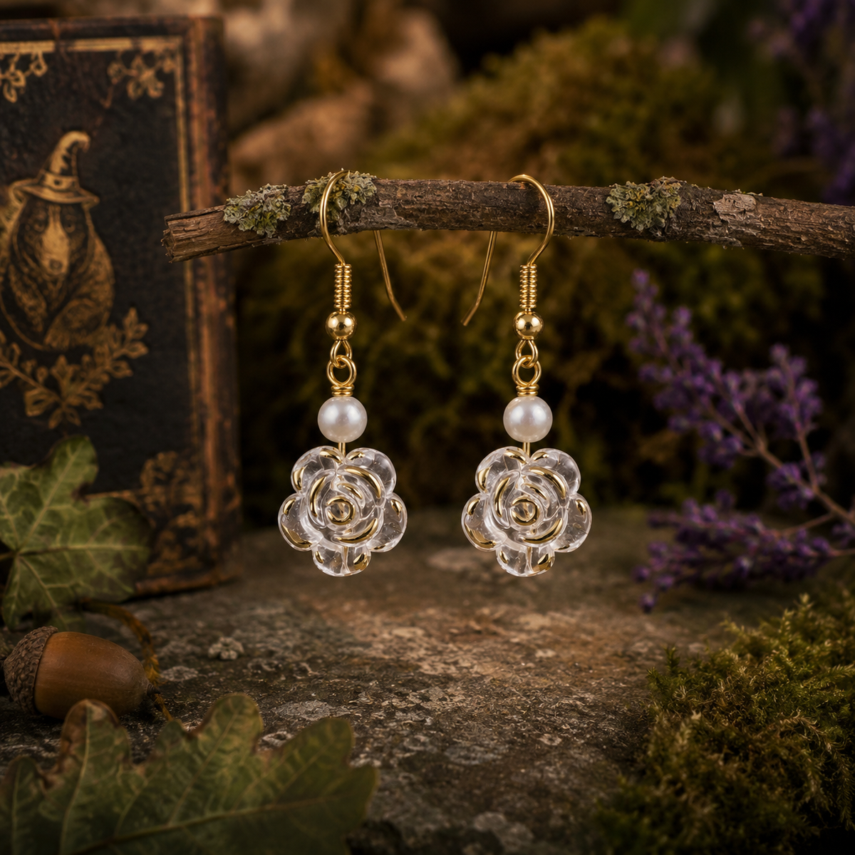 Rose drop earrings, with gold accents