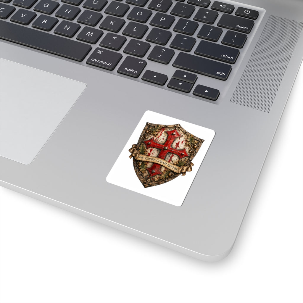 Medieval Shield Crest Sticker — 'Sine Timore Coram Hostibus' Kiss-Cut
