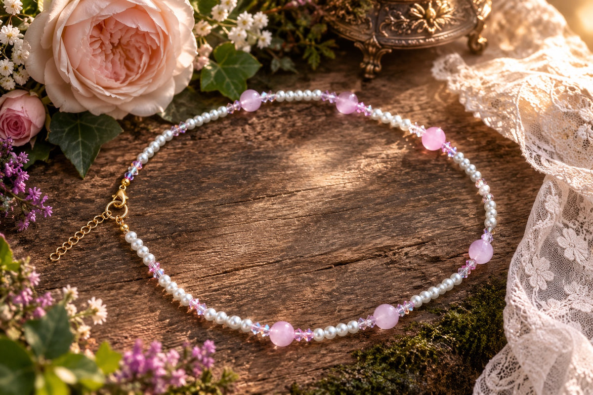 Rose Quartz, pink crystals, faux pearls 46cm +extender