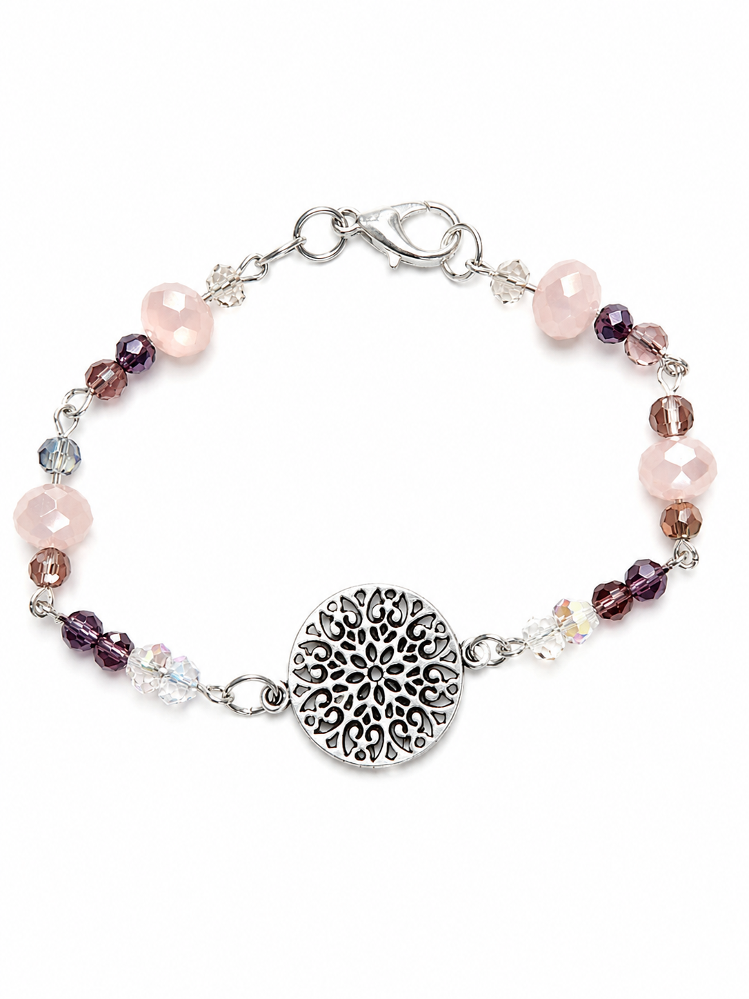 Silver tone Mandala Bracelet, Pink pearls and Plumb crystals fits up to 7.75cm wrist