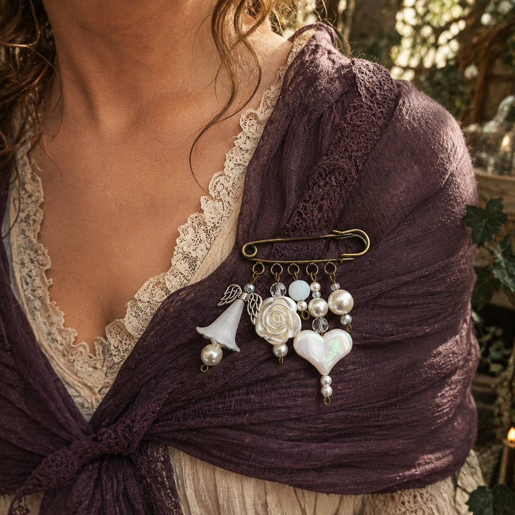 Brooch, pin, clasp, bronze tone, winter white heart, angel, beads, pearls