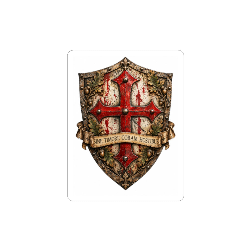 Medieval Shield Crest Sticker — 'Sine Timore Coram Hostibus' Kiss-Cut