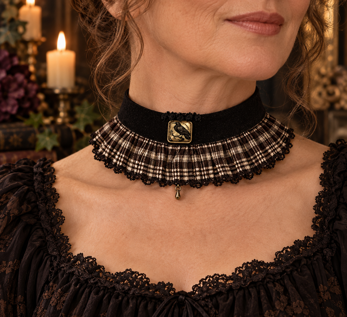 Black velvet choker with tarton and crow pendant