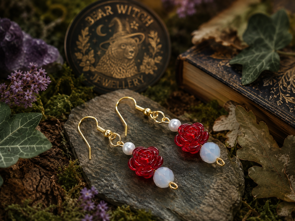 Red rose and pearl acrylic earrings