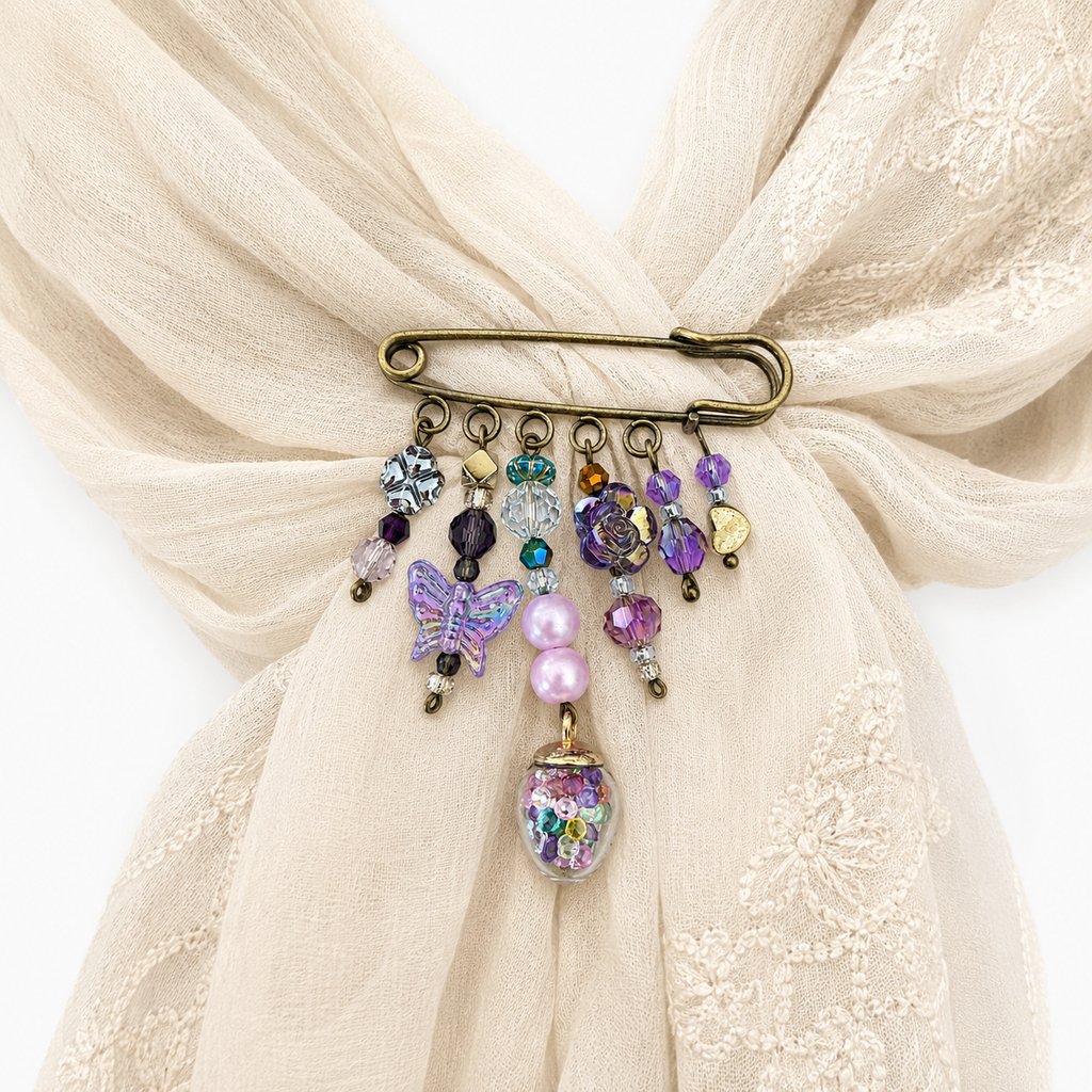 Brooch, pin, purple, flower, shaker, butterfly, bronze tone