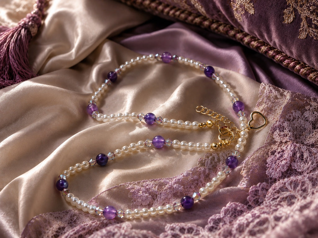 Amethyst, pink crystals, faux pearls 46cm +extender (Copy)