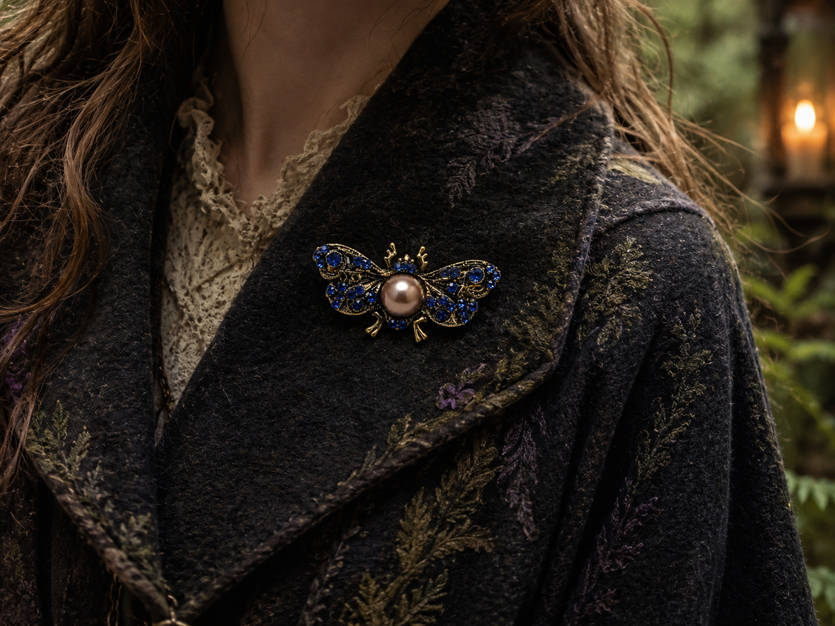 Moth antique style brooch with blue crystals