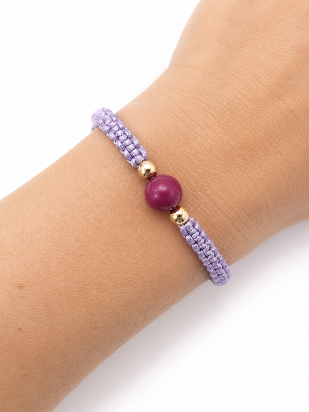 Purple macrame bracelet with gold beads and large Pink Agate bead