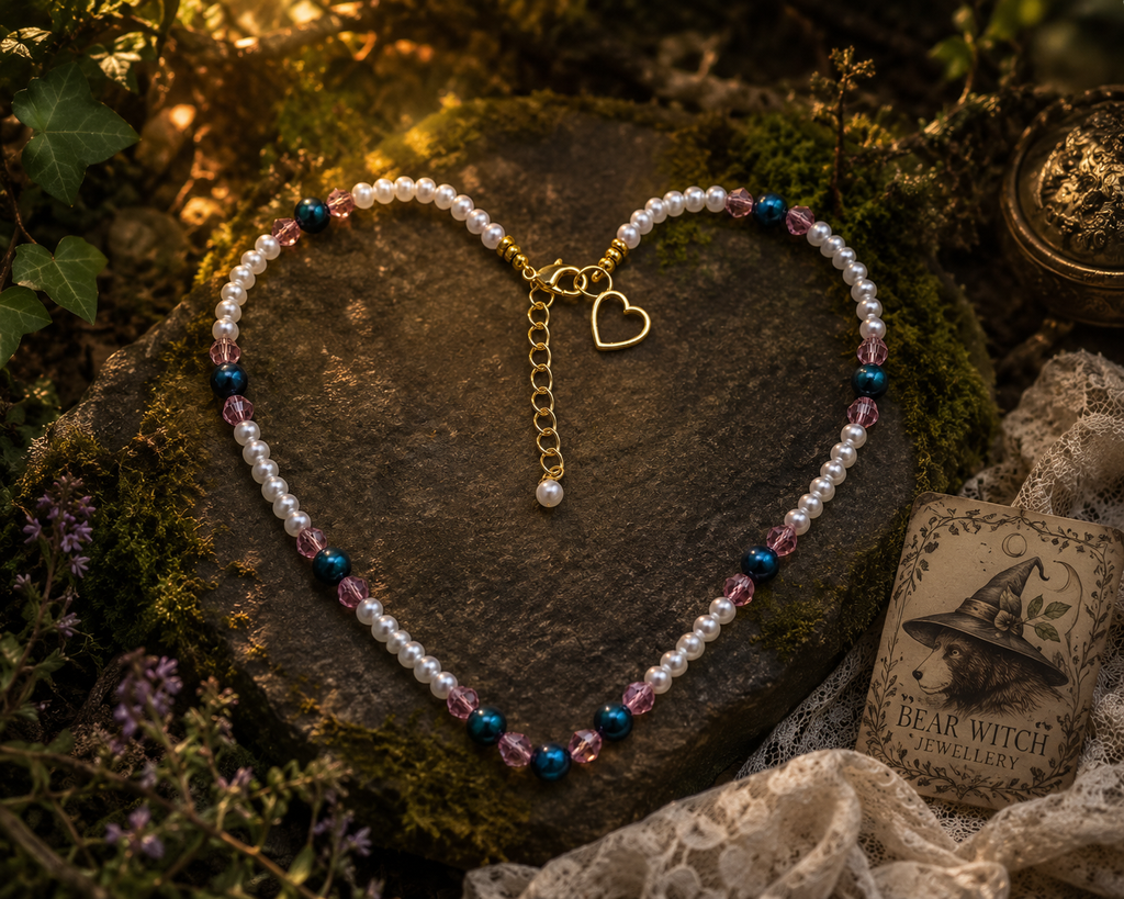 Banded Agate in Teal, Berry pink crystal and pearl Briar Rose necklace gold tone