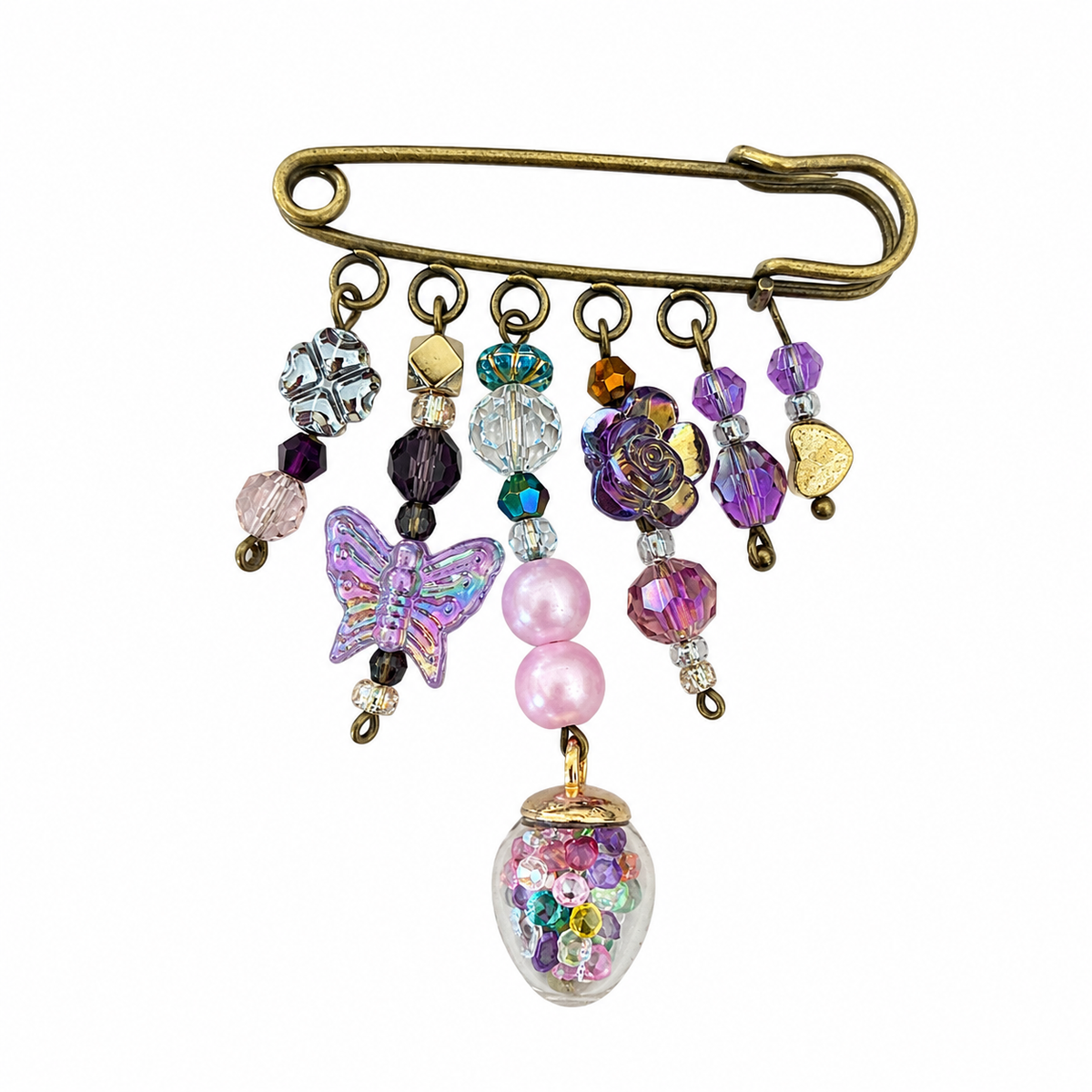 Brooch, pin, purple, flower, shaker, butterfly, bronze tone