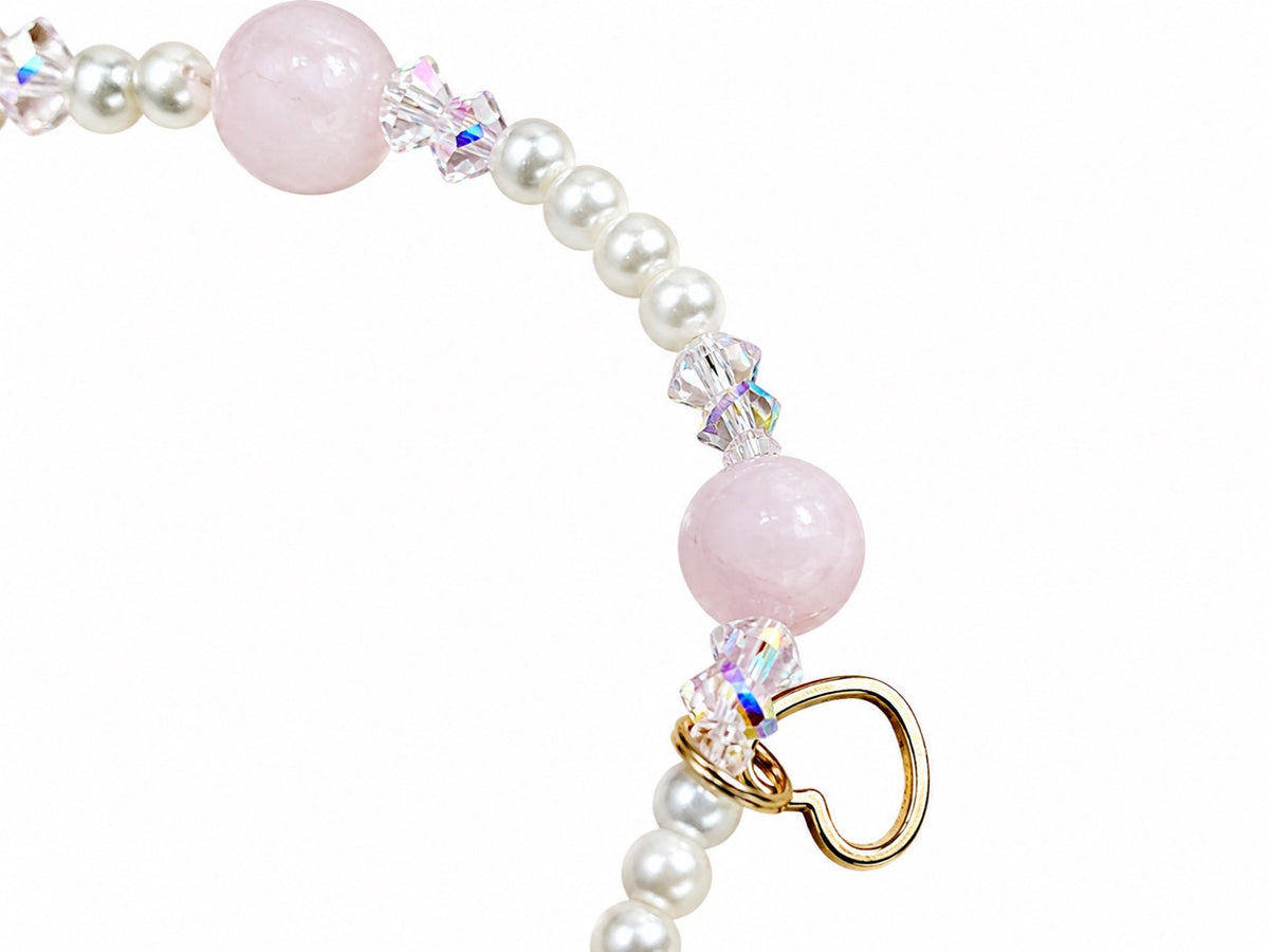 Rose Quartz, pink crystals, faux pearls 46cm +extender