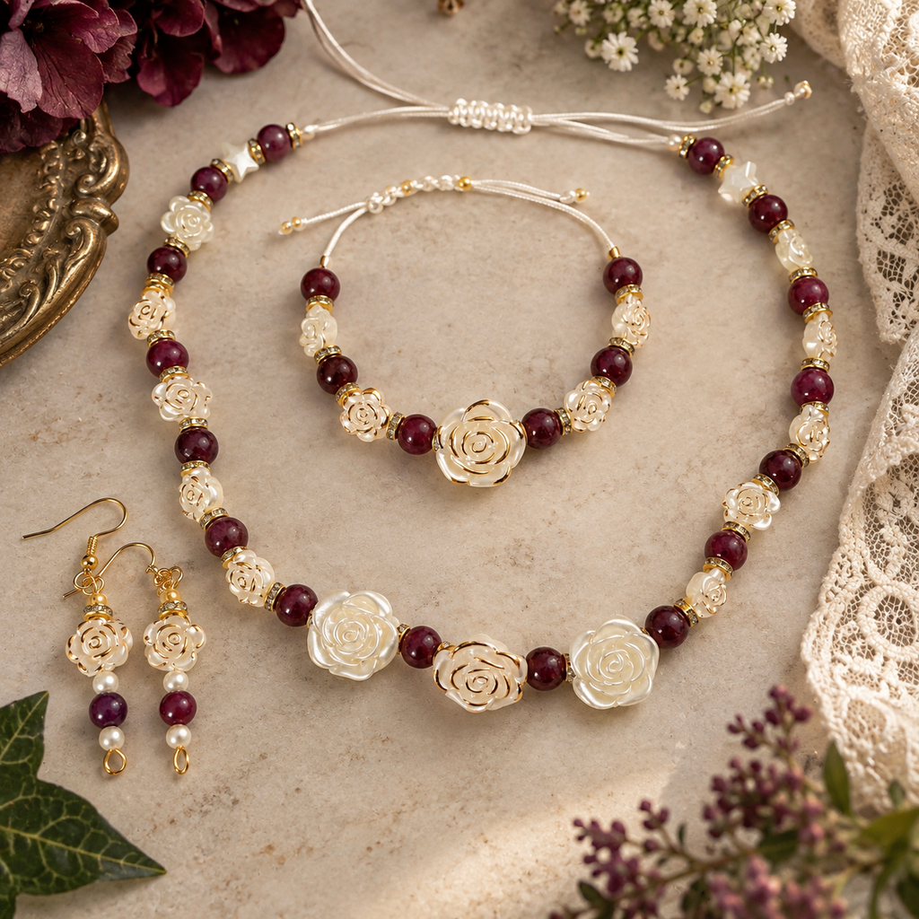 Rose, plum agate jewellery set