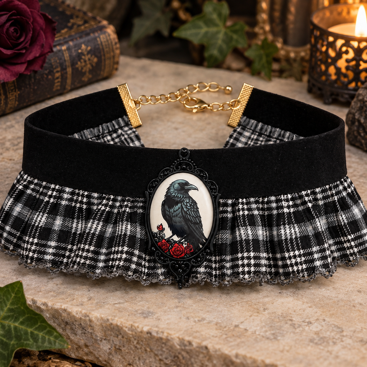 Black velvet and tartan choker with crow and Rose pendant