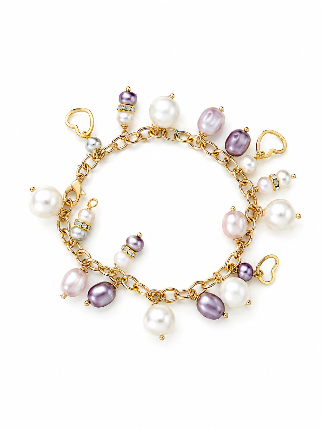 Mixed pearl style charm bracelet, white, lilac gold tone hearts