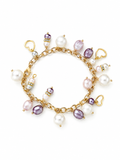 Mixed pearl style charm bracelet, white, lilac gold tone hearts