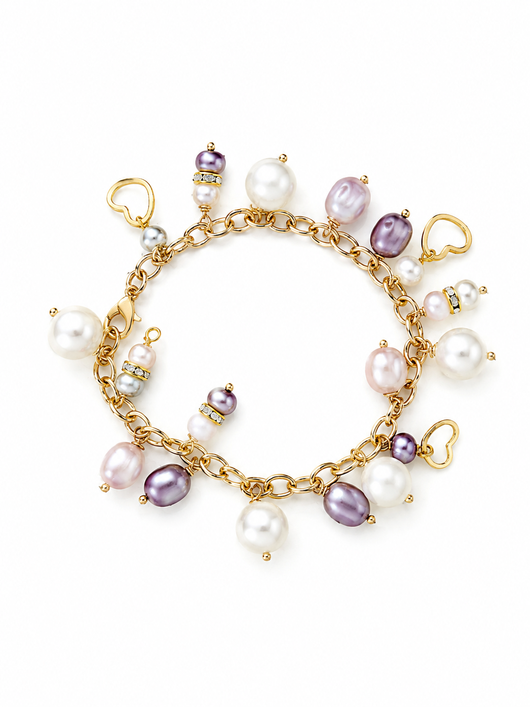 Mixed pearl style charm bracelet, white, lilac gold tone hearts