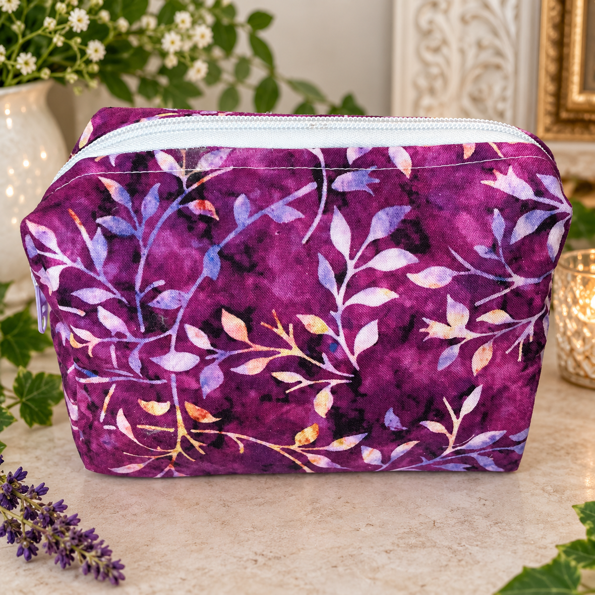 In rich purple cotton, zipped cosmetics