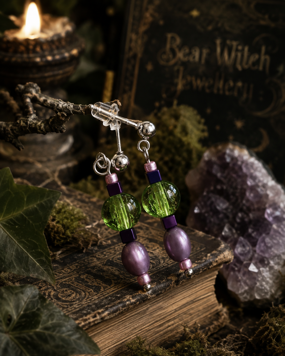 Green and purple glass with fresh water pearls in purple