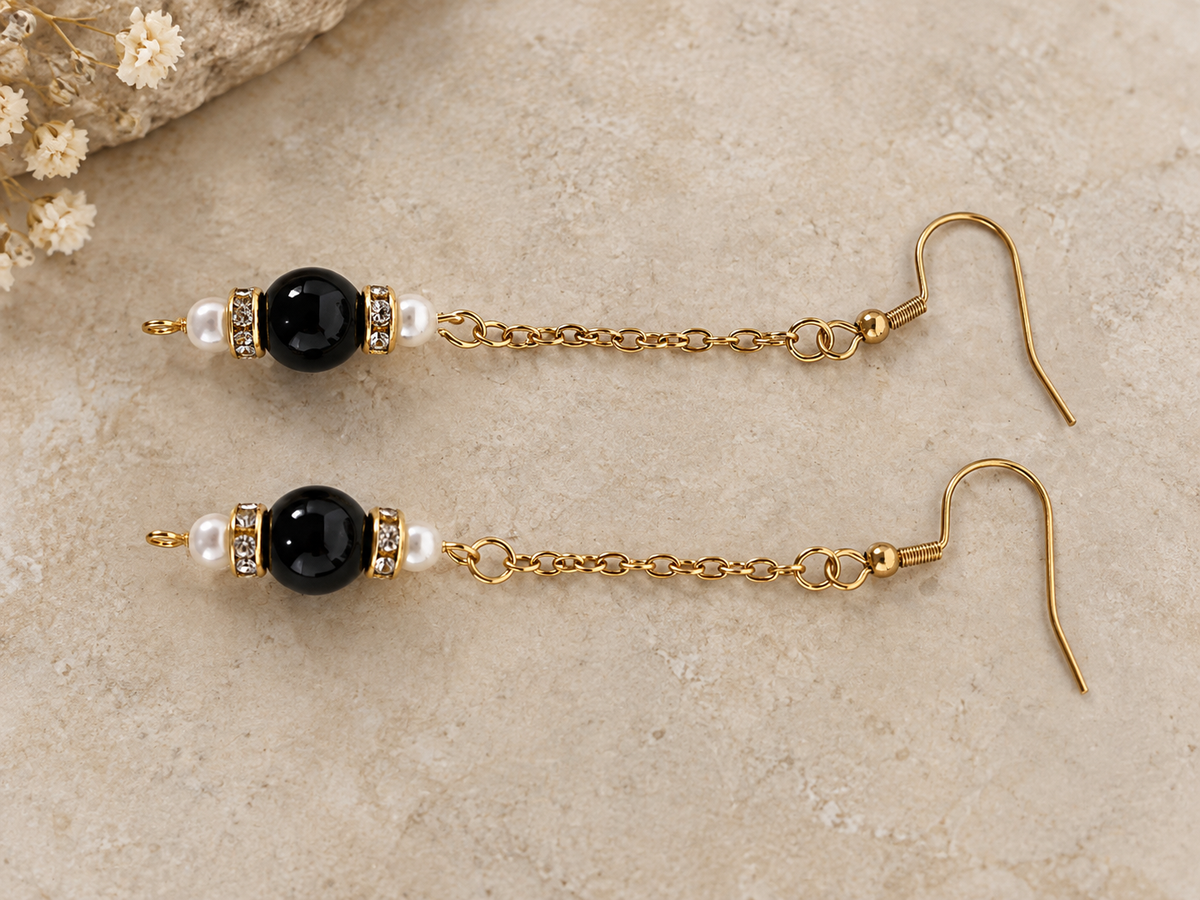 Black Earrings with white faux pearls
