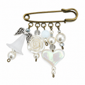 Brooch, pin, clasp, bronze tone, winter white heart, angel, beads, pearls