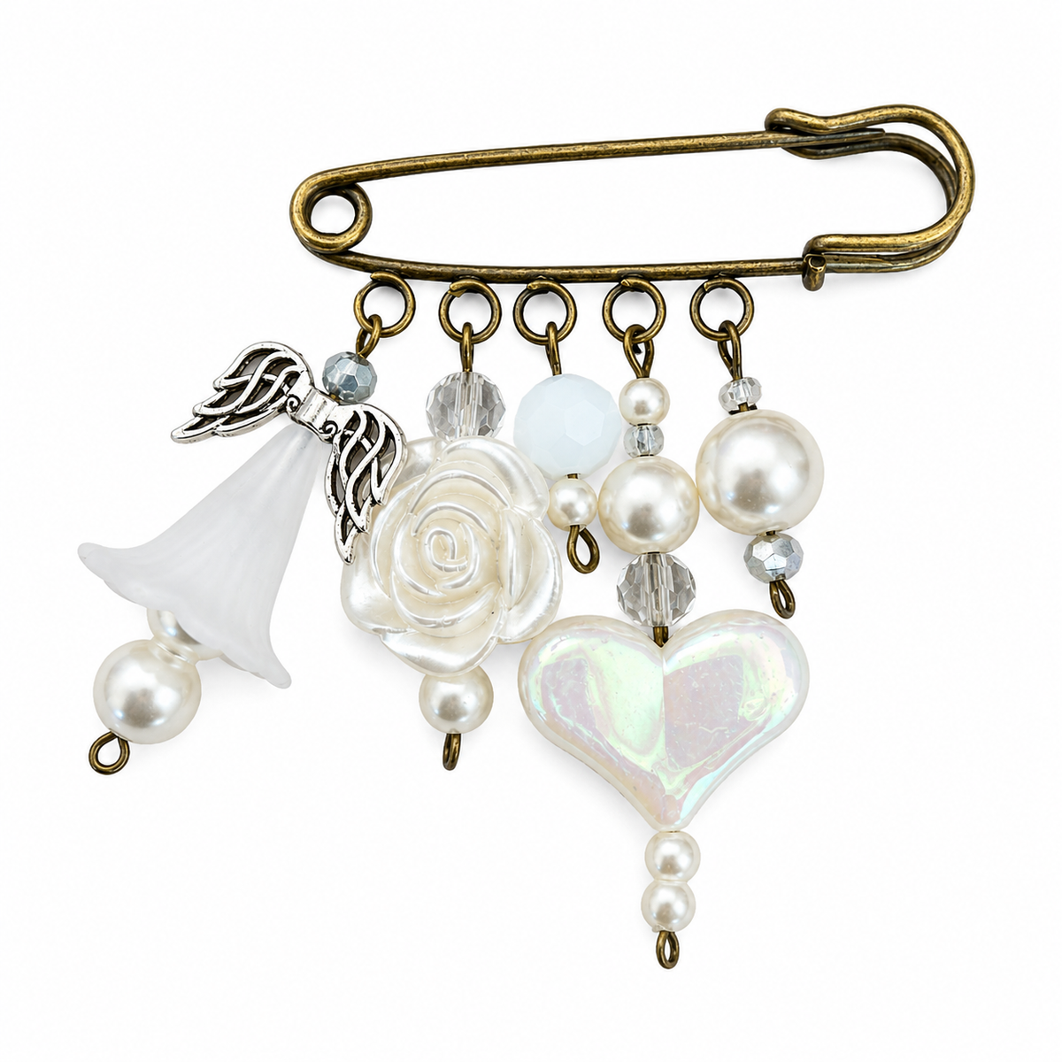 Brooch, pin, clasp, bronze tone, winter white heart, angel, beads, pearls