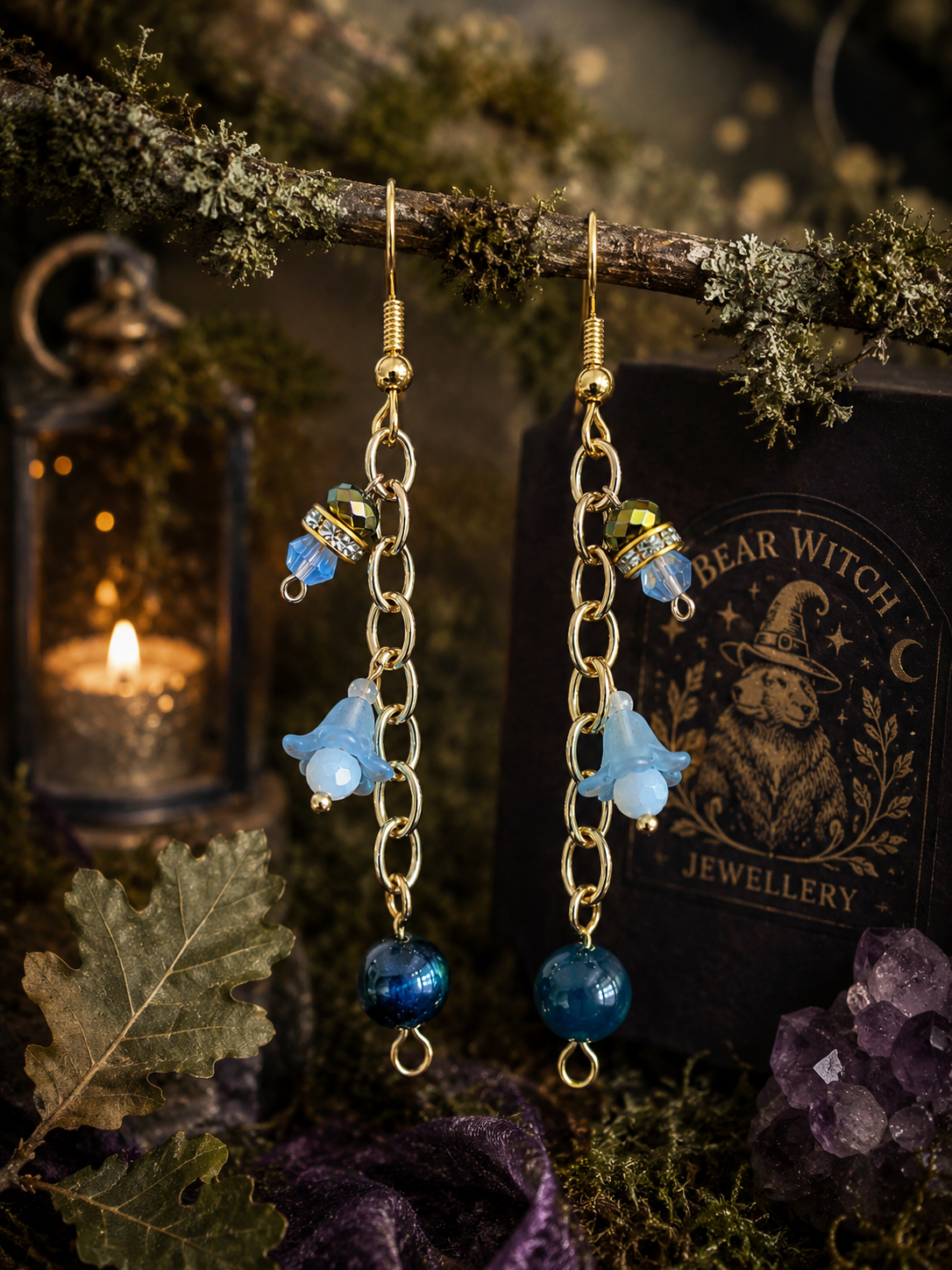 Aqua blue drop earrings on gold tone chain