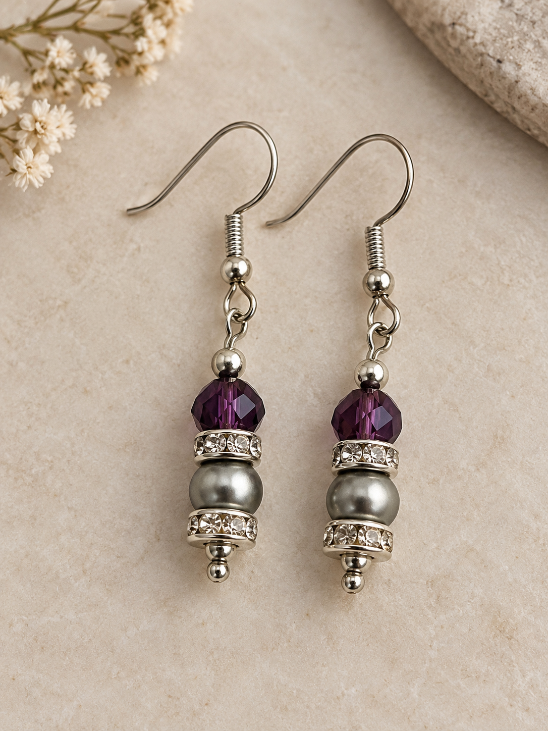 Purple faceted bead drop earrings Silvertone